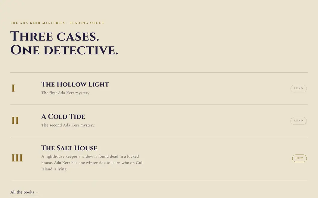 A section headed Three cases. One detective. listing The Hollow Light, A Cold Tide and The Salt House as books I, II and III of the Ada Kerr mysteries, the third marked New, above a link to all the books