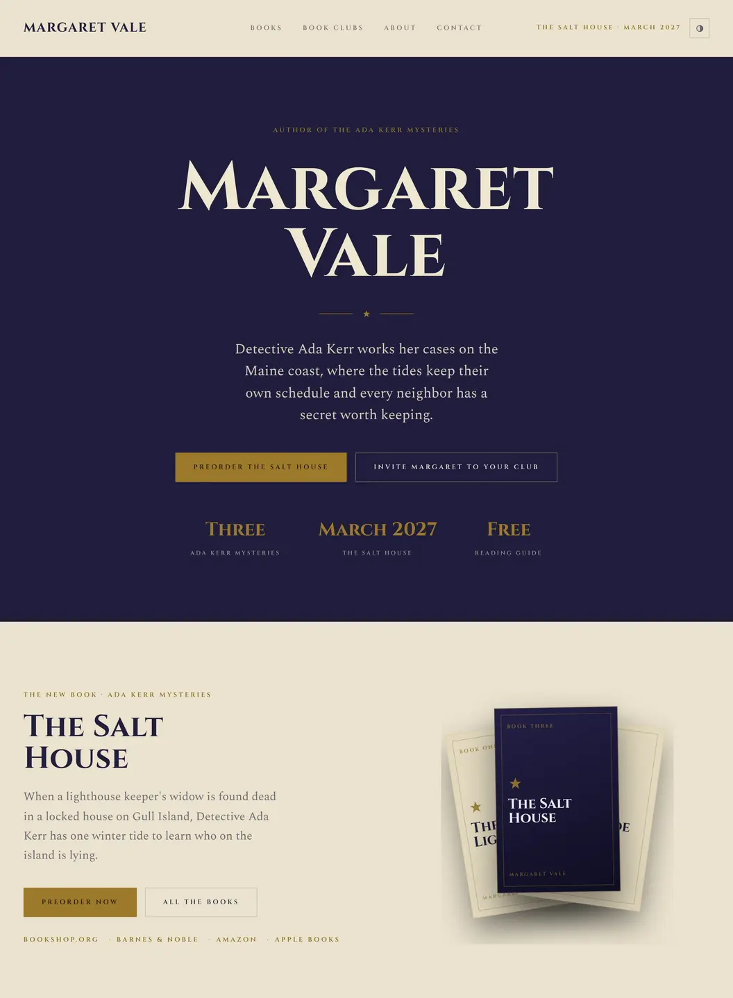 The top of an Ember-built author's home page: the name Margaret Vale over a navy hero, the line Detective Ada Kerr works her cases on the Maine coast, buttons to preorder The Salt House and invite Margaret to your club, and below them the new book with its cover beside the covers of the earlier two