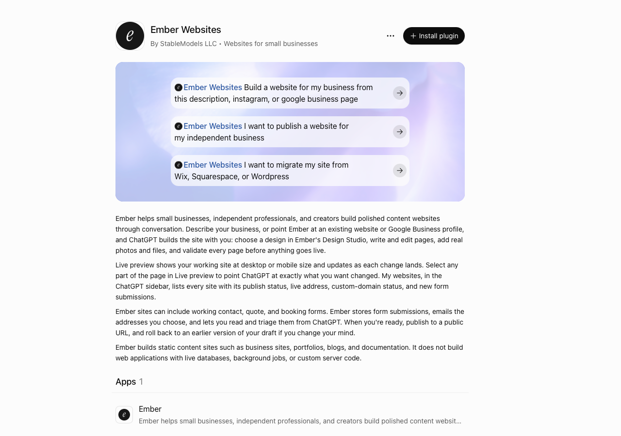 The Ember Websites listing in ChatGPT's plugin directory, by StableModels LLC, with example prompts and the Install plugin button