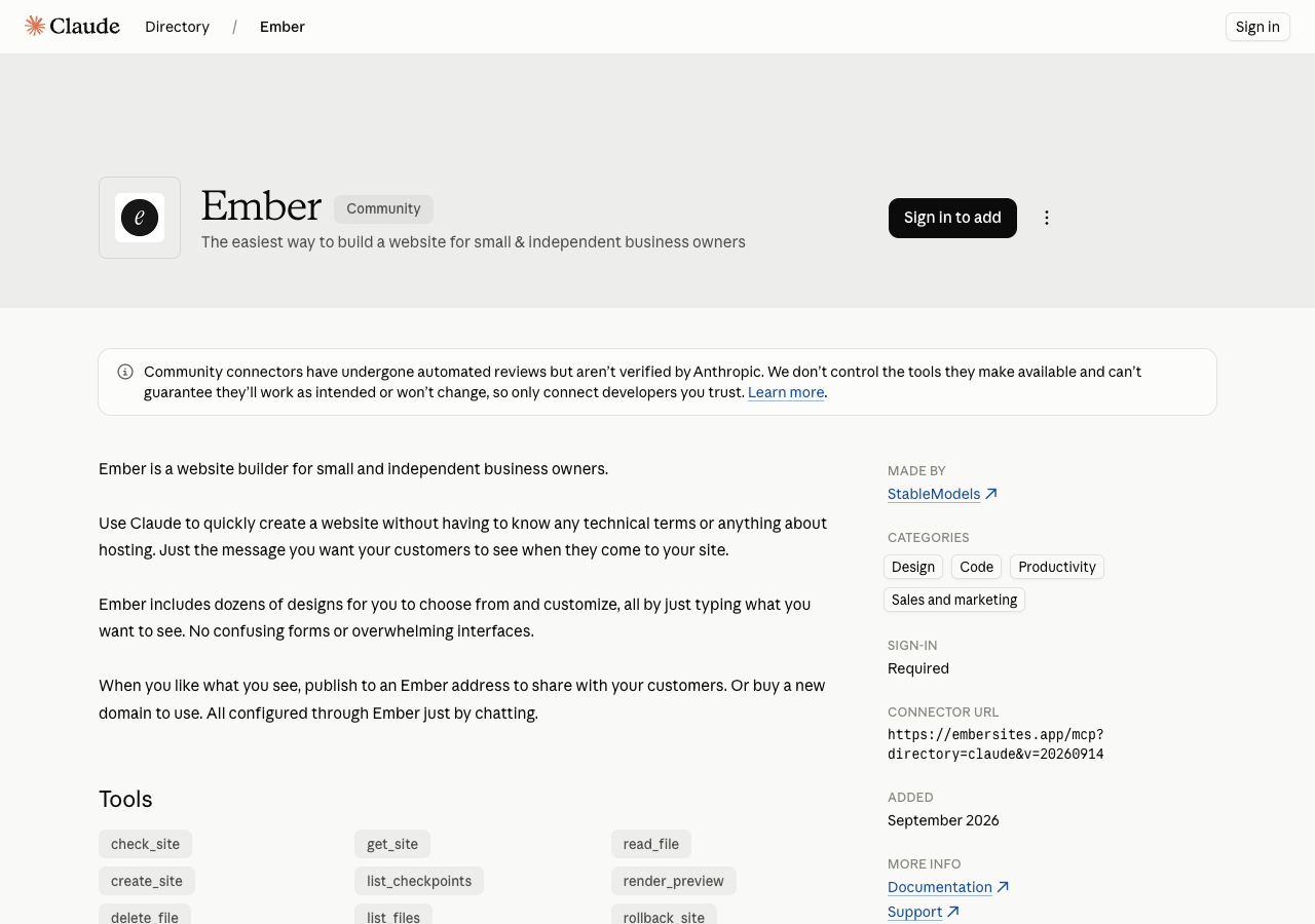 Claude's public Ember directory listing, with the Claude wordmark, Community badge and Sign in to add button