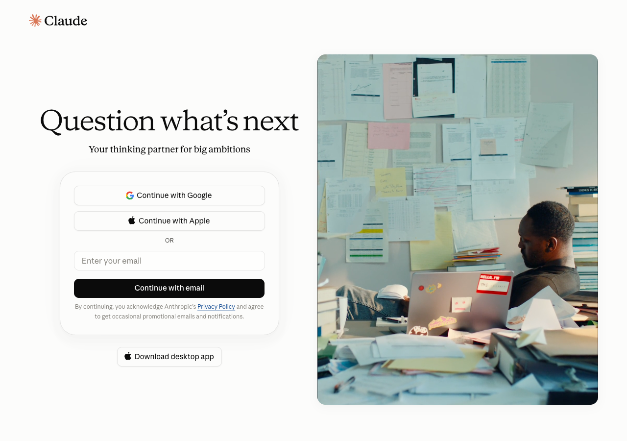 Claude sign-in page with Google, Apple and email options