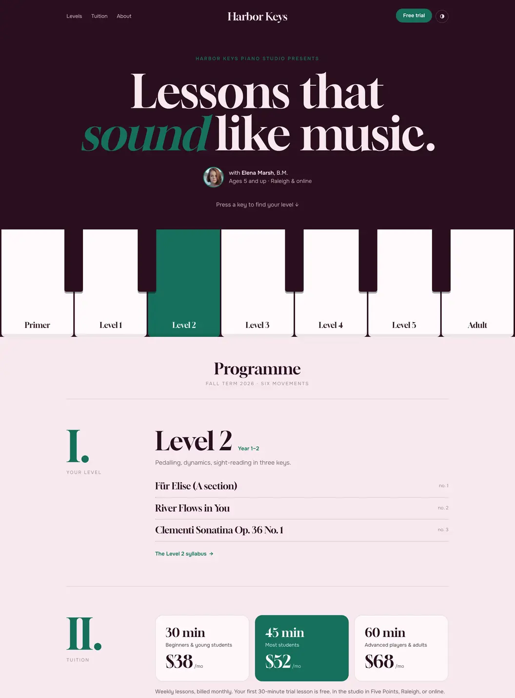 The top of an Ember-built piano studio's home page: the headline Lessons that sound like music over a row of piano keys labelled Primer to Adult, a Level 2 repertoire list, and monthly tuition cards for 30, 45 and 60 minute lessons at $38, $52 and $68