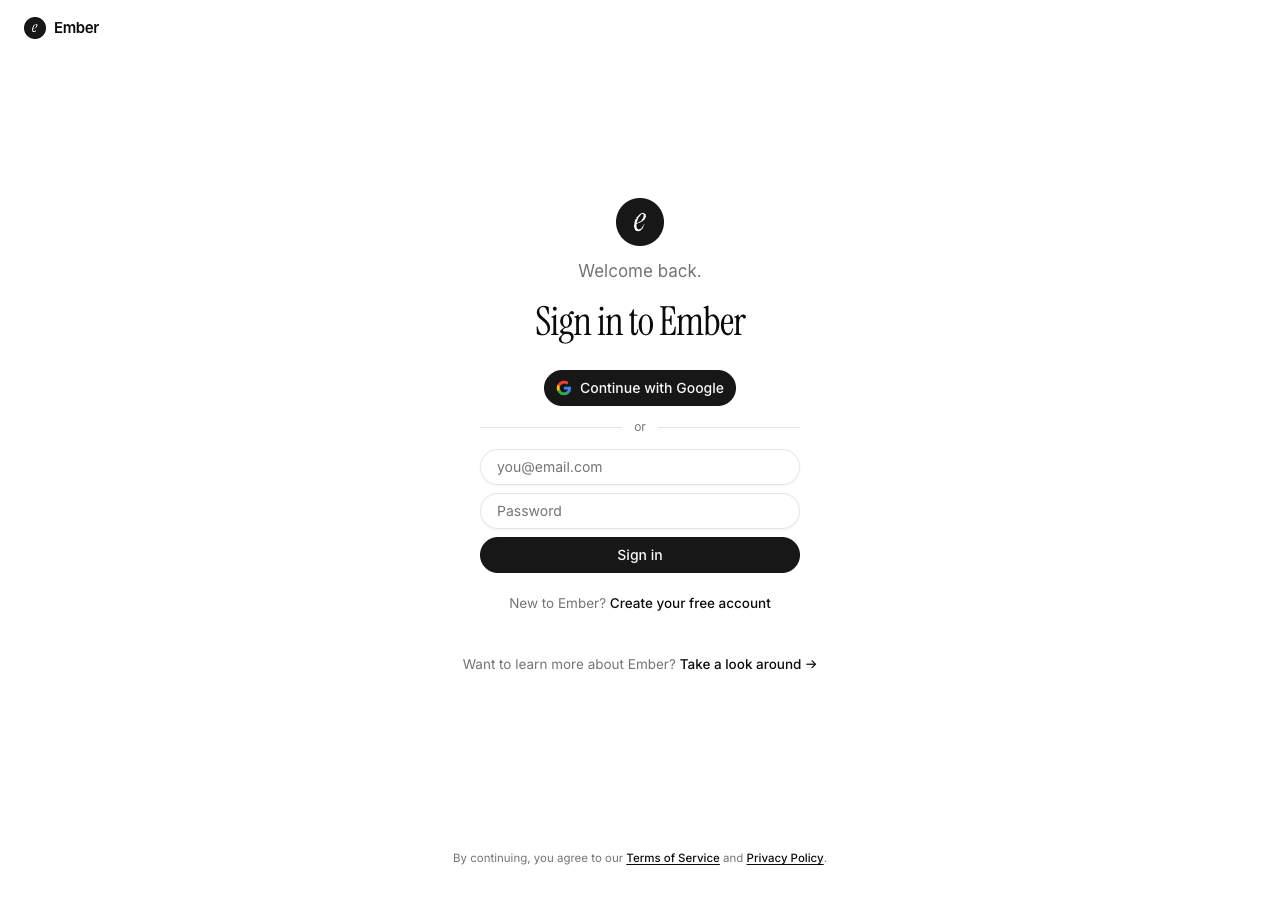 Ember sign-in page with Continue with Google and email and password fields