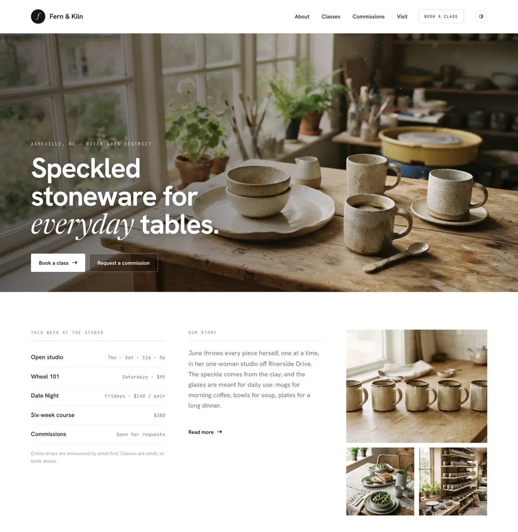 The top of an Ember-built pottery studio's home page: the headline Speckled stoneware for everyday tables over a photo of stoneware on a wooden table, Book a class and Request a commission buttons, and a This week at the studio list with class days and prices