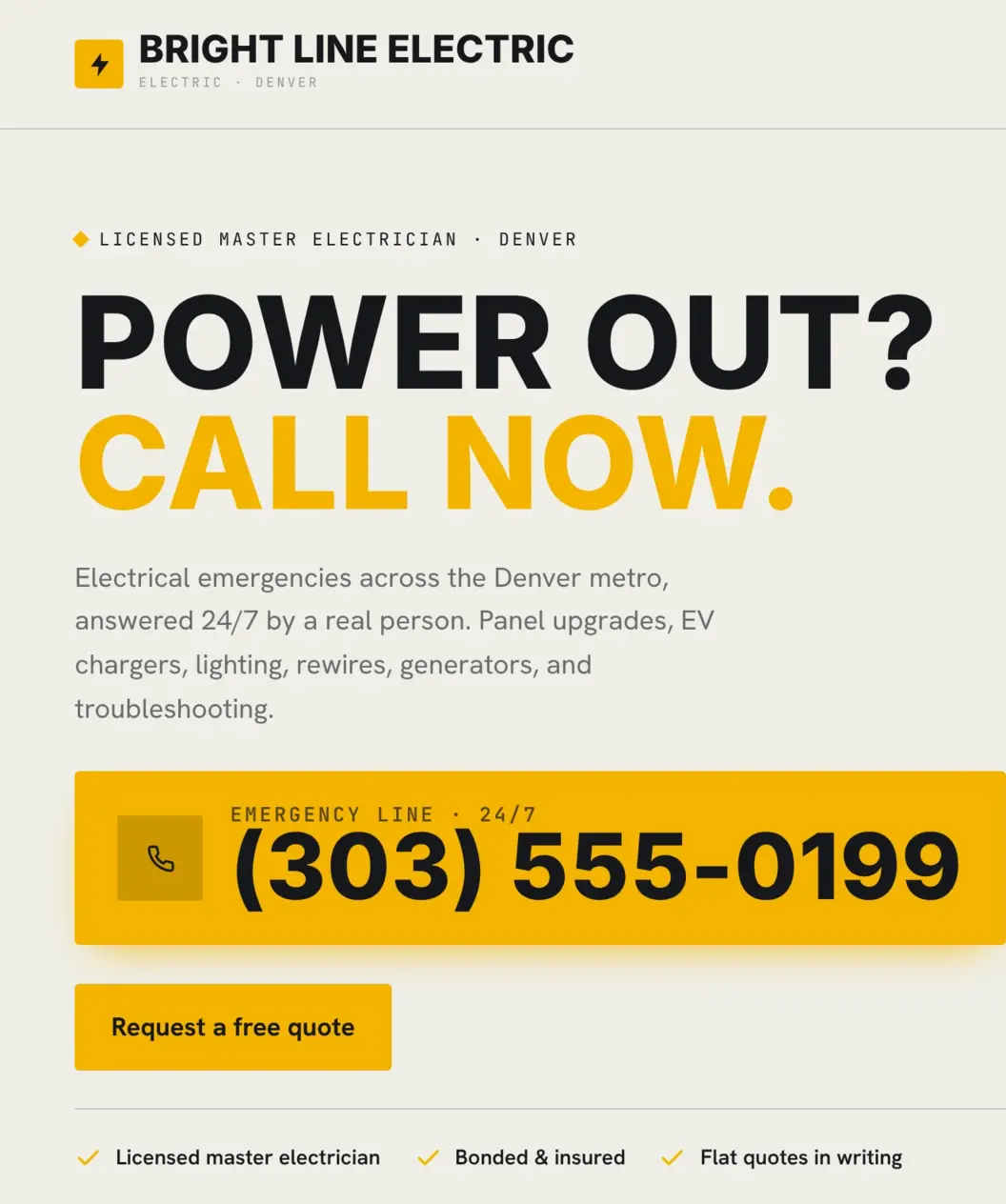 The top of an Ember-built electrician's home page: the headline Power out? Call now., a full-width yellow emergency phone number, and a Request a free quote button
